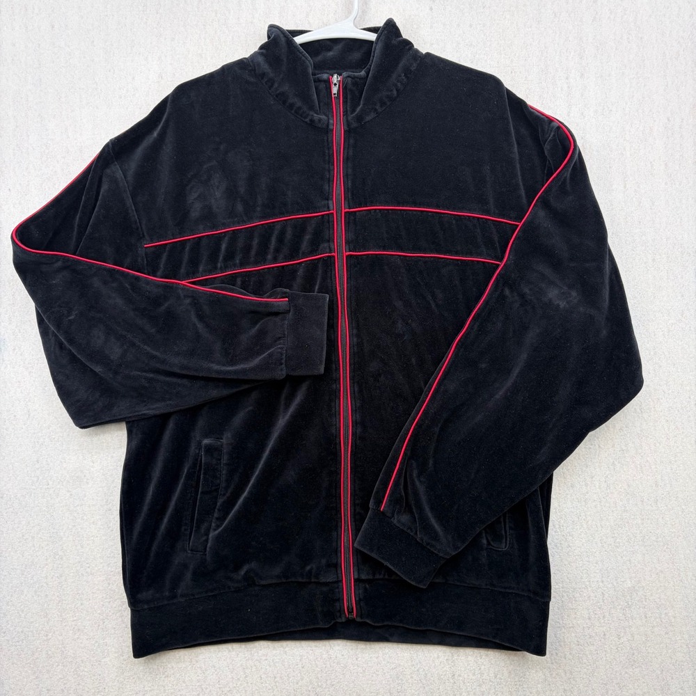 Norm Thompson Womens Velour Track Jacket Black Red Piping Full Zip Large